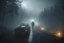 Placeholder: hiper-realistic UNREAL ENGINE beard guy detective view when drives in a misty dark mountains forest at night with strange light in the mist, Guillermo del Toro movie still