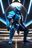 Placeholder: neon blue, floating parts of armor in form of light triangle orbiting behind the back, cyber armor, geometric patterns on armor, male, orbiting triangle