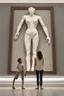 Placeholder: Mother holds her son , cubism a tall slender woman is standing in front of a large white picture frame displayed on the wall of an art gallery. The frame is traditional in style but looks like and has the texture of white clay. Her arms are outstretched like da vinci’s vetruvian man, and the length of her arms and body corresponds to the width of the picture frame. Her feet are perched on a surreal small shadow rock and it looks like she is floating above calm water. The picture is without canva