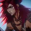Placeholder: Barbarian anime character, animal hide armor, physically fit, tribal tattoos, scars, washboard abs, red facepaint, red hair, dark eyeshadow, intricate eyeliner, soft round eyes, beads in hair, 8k resolution, cinematic smooth, intricate details, vibrant colors, realistic details, masterpiece, oil on canvas, smokey background