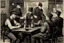 Placeholder: Smoky pub, cheerful young men drinking around a table, a policeman looking thoughtfully at the ID card of one of the boys, lamplight