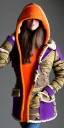 Placeholder: Brunette woman. average body type, think thighs and thick calves. Mantle is sewed of recycled Denim and sewed together of camouflage pieces. Printed camouflage figures are orange,terracotta, cream and purple. It is with big bright purple felt tippet and cream-colored-hood. mantle is merged with satchel. . AKG-style headphones (gold rings!) is merged with small felt cap with small visor. Style: Haute Couture in 1936, Paris fashion in 2023, inspired by street art. Cream latex gaiter.