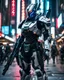 Placeholder: Naturalistic film style, natural light, film grain, cyberpunk mecha suit samurai and officer in armor suit posing aggressively with assault rifle. The character makes it's presence in the middle of a busy downtown boasting white armor and black skeletal body armor with bright neon lights detailing the bodies contours and exoskeletal outline.