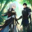 Placeholder: Girl with white hair. Boy with black hair wearing leather armor. Forest path