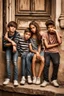 Placeholder: three teenage street children two boys and one girl in book-cover poses on the screen of old town