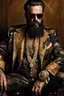 Placeholder: Artistic photo in the audacious style of Jill Greenberg, of man with a luxurious and striking style, abundance of jewelry, oversized square one-piece sunglasses,black beard, prints, extravagant, baroque scene , impasto style with thick textured strokes