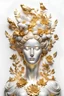 Placeholder: White background, portrait of a woman statue made of gold, flowers, birds