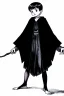 Placeholder: pallid 7 year old boy genie, necromancer, friendly,wearing black robes, with the lower body of a genie instead of legs, in the style of Harry Clarke