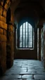 Placeholder: Inside of a dungeon with grey stone floor and a high barred window