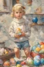 Placeholder: full color anime - a tiny little blonde girl in shorts and a turtleneck sweater coloring Easter eggs - digital art by Norman Rockwell