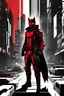 Placeholder: dibujo de contorno de Catman, negro y rojo con traje cyberpunk, fondo ciudad