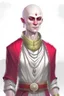 Placeholder: full length, gangly, 22-year old, shaved head, nordic looking grey-eyed female human cleric with a red necklace