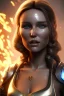 Placeholder: Camilla luddington face, texture skin,Crystal yellow eyes, long white hair, wearing The Lara Croft, realistic, 4k, intricate, best quality, fog particles, fire particles, octane render, vray, sword fire