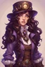 Placeholder: A girl with long, wavy dark brown hair, purple eyes, dressed in steampunk clothes, stardew, valley style
