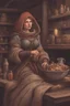 Placeholder: DnD style, medieval woman dressed in warm winter clothes sitting in a tavern