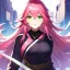 Placeholder: girl, masterpiece, best quality, volumetric lighting, dynamic pose, detailed outfit, perfect eyes, pink hair, green eyes, messy hair, long hair, ninja outfit,