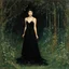 Placeholder: Night, one woman in black dress lost in the forest, flowers, vegetations, creepy, gloomy, doom metal influence, leopold von kalckreuth paintings, and william brymner paintings