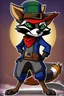 Placeholder: Make a Sly Cooper: Thieves in Time styled oc. He is a raccoon with sleek, charcoal-gray fur and emerald-green eyes. He has a sly and mischievous expression, with a black mask-like pattern around his eyes. He wears a tattered, dark blue bandit's outfit with a red sash and a feathered hat that adds to his roguish charm. He also sports a leather pouch at the base of his tail for carrying stolen treasures.