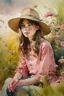 Placeholder: P: a young old-time cowgirl sitting in wildflowers and tall grasses, peaceful vision, wisps of hair around her face, straw hat, pink floral dress, muted colors, soft watercolor