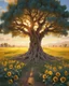 Placeholder: an ancient olive tree in the center of a sunflower field in in impasto style , golden light hour, blue sky full of cotton clouds, simple, peacefull, hyperrealistic --style raw --stylize 750 Modifiers: elegant 8k oil on canvas cinematic lighting very attractive beautiful dynamic lighting fantastic view close up Unreal Engine cinematic postprocessing acrylic art Surrealism Impressionist luminism Craig Rutkowski Tesselated 8k beautiful cinematic lighting elegant very attractive oil on canvas beauti