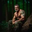 Placeholder: close up photography of an angry ugly 50 years old seated on a tree trunk in the wood in the dark night, strong beefy muscular , big shoulders, manly chest, bulging hunter camouflage trouser , shirtless, hairy , tatoo, 35mm lens, f/1.8,lit by bonfire , global illumination, frontal view from the ground