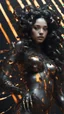 Placeholder: PAPERCUT 3d photo realistic portrait of young woman, dark fantasy, beautiful, dark eyes, dark make up, shiny streaks of paint, paint blobs and smears, shiny baubles, textured, ornate, shiny molten metalics, wild hair, high definition, octane render, 64k, 3d