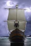 Placeholder: Ship front view with a Spider figurehead at night in a storm with giant waves