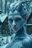 Placeholder: holographic simulation, xenobiotic alien beautiful old woman demon, scandinavian white tattoo on the beautiful body, super detailed face, blue eyes, against the backdrop of old dzherevyanny houses in the winter forest, falling snow in winter, professional photo, 4k, high resolution, high detail, close-up, octane, body art, patterns, lavender color, silver wire, artistic elven fantasy, filigree, dark botany, ultra detail, dark botany, photorealistic image