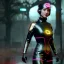 Placeholder: Sweet british cyber woman, cold ambient, rain, fog, latex, cables, purpurin, black, gold, rings piercing, brown, decorative color feathers, circuits, neon style, a lot of led lights, fog, rain, vibrant color, highly detailed, art stations, concept art, smooth, unreal engine 5, god rays, ray tracing, RTX, lumen lighting, ultra detail, volumetric lighting, 3d, finely drawn, high definition, high resolution.