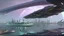 Placeholder: people watching a futuristic ship flying above a utopian city. bridges, roads, balconies, trees, dense foliage, river, pathways, detailed photorealistic