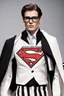 Placeholder: a guy like Clark kent on winter fashion runway with modern clothes inspired by Superman's emblem style, embroidery elegant fashion white tones