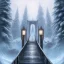 Placeholder: fantasy art, book cover, big mad wizard in front of the ebony stairs, a bridge or dam ,icy water, on the bridge is a big hairy mad wolf