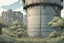 Placeholder: watertower, overgrown apocalyptic city background, comic book,