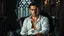 Placeholder: A breathtaking cinematic portrait of a handsome, muscular man around 35 years old sitting confidently in an elegant Victorian armchair inside a dark Gothic castle room. He has medium-length dark hair, dark eyes, subtle stubble, and an intense, determined gaze looking directly into the camera. His white shirt is partially unbuttoned, revealing part of his chest, with fitted black leather trousers, pale light, dark colors. in background a blur vampire voman stands in shadow, detalied, cinematic