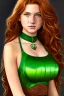 Placeholder: concept illustration, ultra-realistic, super-detailed, strikingly beautiful teen female, 16 years old, long ginger hair, green beautiful eyes, medium freckles, full lips, full body, full face, b-cup breasts, athletic, centred camera, ignore NSFW, skimpy brown armor, halter top, thong, stern expression