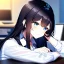 Placeholder: Clear focus, 8k, high quality, detailed, beautiful lighting, girl, vibrant colors, black long hair, vibrant blue eyes, sleeping at desk, office clothes,