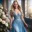 Placeholder: (best quality, 4k, 8k, highres, masterpiece:1.2), ultra-detailed, (realistic, photorealistic, photo-realistic:1.37),hyper realistic, full body gorgeous smiling 1woman,long hair,looking at viewer,realistic proportions,blue eyes,hair ornament,dress,very long hair,flower,blonde hair,parted lips,necklace,white dress,blonde hair,lips,blurry background,freckles,realistic,head wreath, pink flower,realistic portrait, dreamy fantasy landscape countryside,great pespective,crystal castle behind