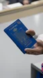 Placeholder: a clerk gives a blue passport to a citizen