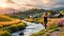 Placeholder: a village over high grassy hills,a small fall and river and wild flowers at river sides, trees houses ,next to Ripe wheat ready for harvest farm,windmill ,a few village local shops ,cloudy sun set sky, a beautifull lady in sports pants and top shirt runimg to camera along river side