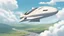 Placeholder: A Spacecraft, shaped like a passenger jet, without wings, hovering above a road, blue sky, white clouds