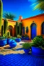 Placeholder: The serene Majorelle Garden in Marrakech, detailed, hyper realistic image. The garden is filled with exotic plants, vibrant blue pathways and buildings, yellow pots, water features, and a collection of cacti. A sense of peace pervades the scene.