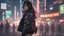 Placeholder: 4k, hyper-realistic, Ultra-HD, Ray-tracing, cyberpunk, cybernetics, Asian, Female, short, jacket, carrying pistol, hacker, night time, bright signs, lively city