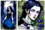 Placeholder: Gothic portrait of a young woman in the style of Arthur Rackham and Norman Rockwell. She has dark blackish blue hair and there are blueberry plants around her. Piercing blue eyes. Steampunk Wednesday Adams