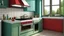 Placeholder: kitchen with celadon red furniture, on the left side by the window from the bottom up, a microwave and an oven installed in the furniture, and on the right side and next to it an induction hob and a cooker hood above it, on the right side there is a sink and a dishwasher underneath it