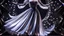 Placeholder: a 3d fractal stage structre made of metallic dark color 3d structures, pertty artistc background,dynamic lights,a beautiful lady in pretty maxi skirt and blouse dancing on stage