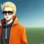 Placeholder: a man in a orange coat is standing in a field, blonde hair, black sunglasses, concept art by Hiromu Arakawa, featured on pixiv, superflat, official art, anime, 2d