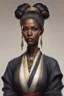 Placeholder: 50-year-old sorceress, brown eyes and dark skin, salt and pepper hair tied up in a serious bun, dressed in a diplomatic tunic, with a serious look.