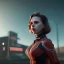 Placeholder: retro sci-fi portrait image from 1960, supermarket parking explosion, fire, classic black widow, young Scarlett Johansson, classic black tight lycra latex suit, retro superhero style, soft color, highly detailed, unreal engine 5, ray tracing, RTX, lumen lighting, ultra detail, volumetric lighting, 3d, finely drawn, high definition, high resolution.