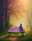 Placeholder: park mystical dream, park bench, man, woman, child, dog, trees, path, bird, sunshine, mystical, fantasy, romanticism, pastel colors, daylight, daytime, acrylic painting, detailed, soft focus,