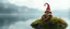 Placeholder: airbrush rendering, close up mushroom lobster gnome on small island in lake, pinhole cam